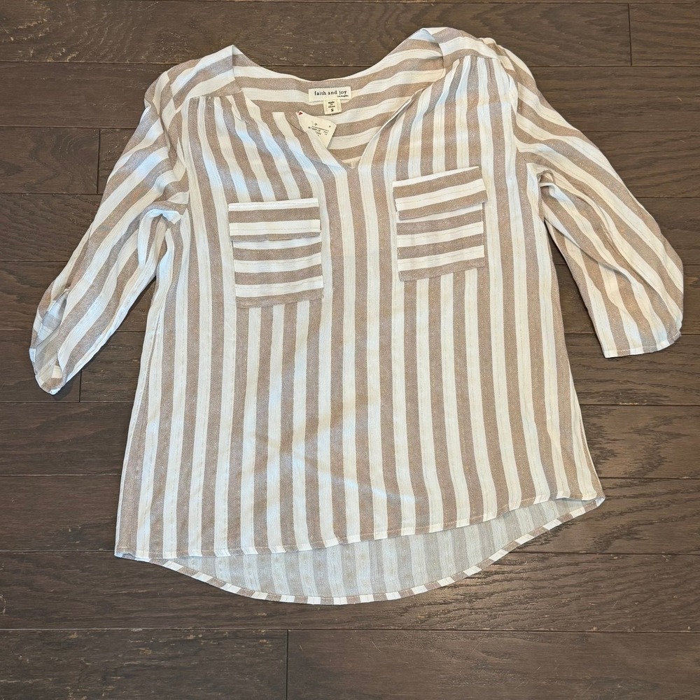 Faith and Joy Los Angeles Striped Metallic Tunic Top Tan White Gold Small NEW